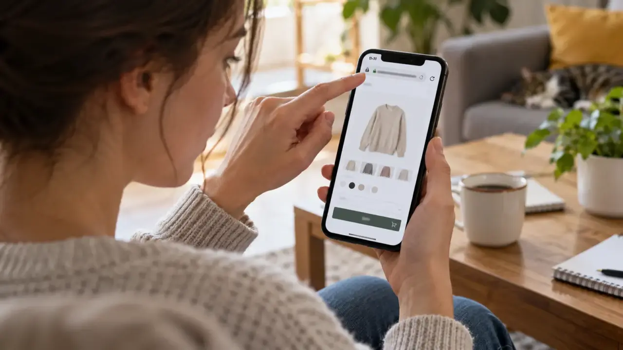 Acheteuse affichant l’adresse complète d’une boutique en ligne sur son téléphone avant le paiement