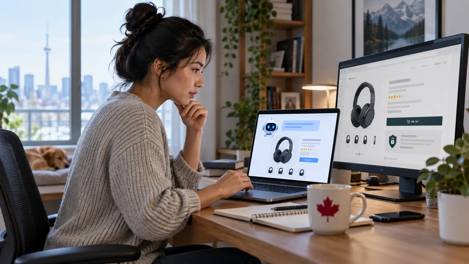 Acheteuse comparant une recommandation d’assistant IA avec le site officiel et des sources indépendantes