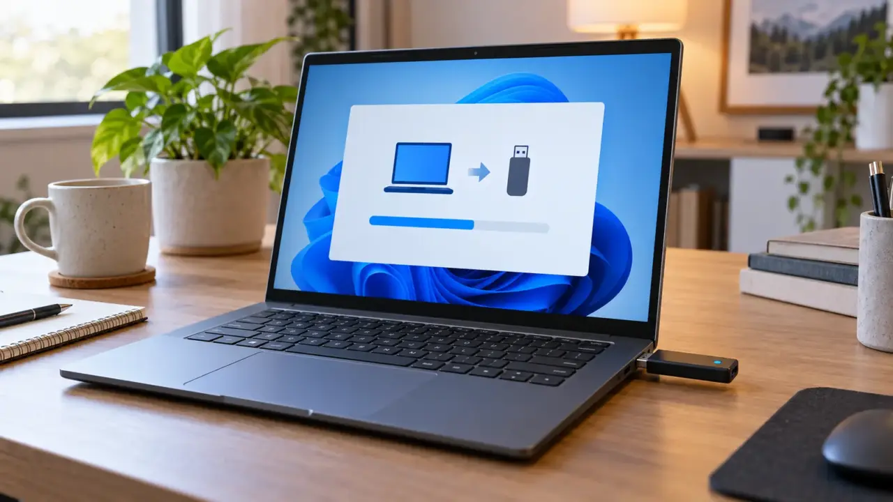 Ordinateur Windows créant un lecteur de récupération sur une clé USB vide et étiquetée