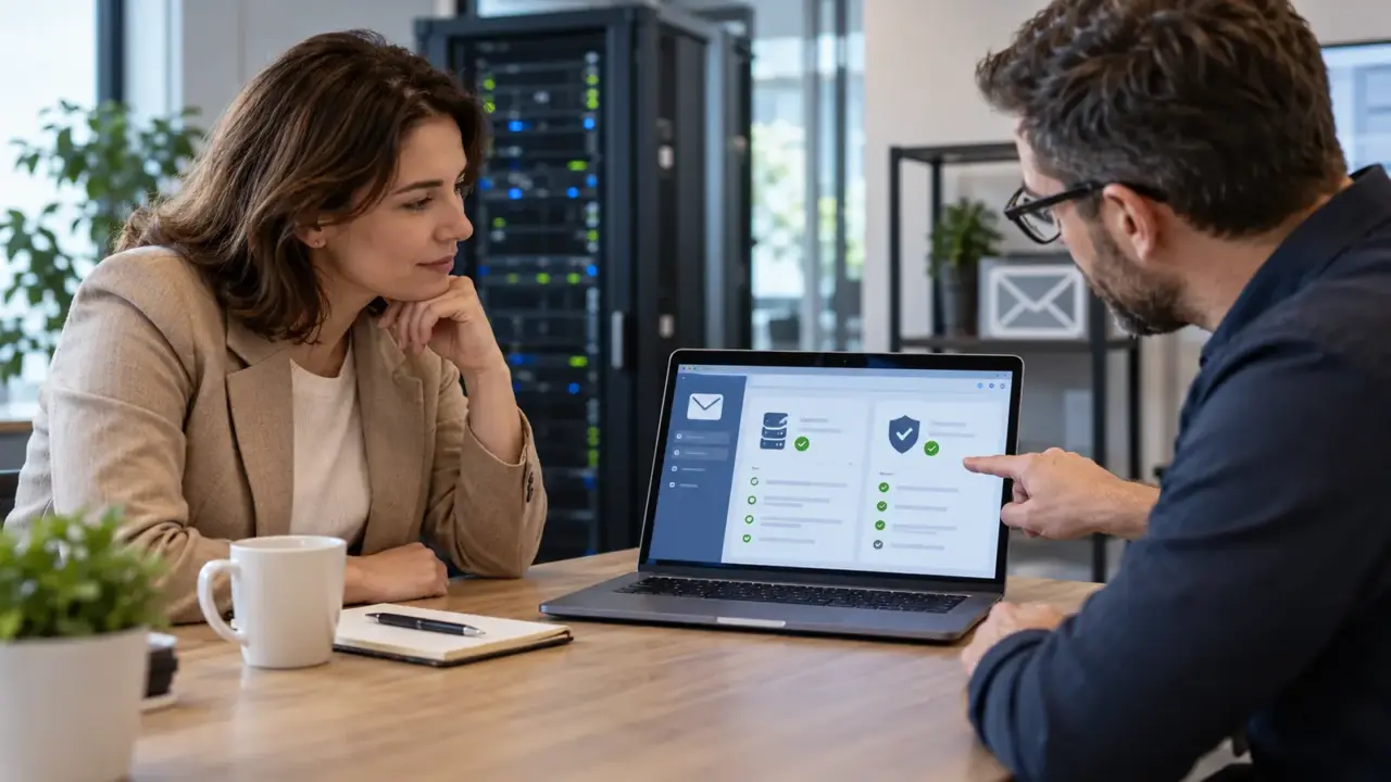 Propriétaire de petite entreprise vérifiant avec son hébergeur la version du service webmail